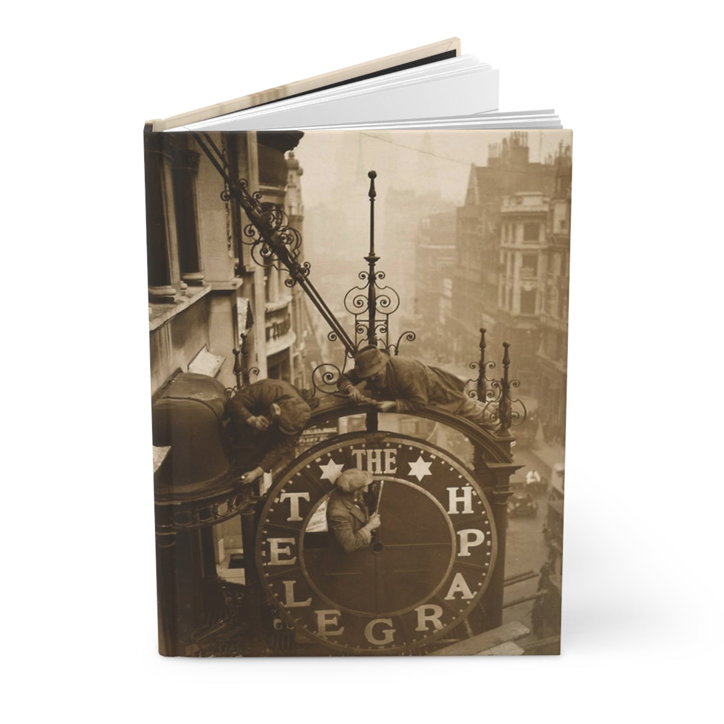 men dismantling the daily telegraph clock in london. 1930.-gianna jessen hardcover journal