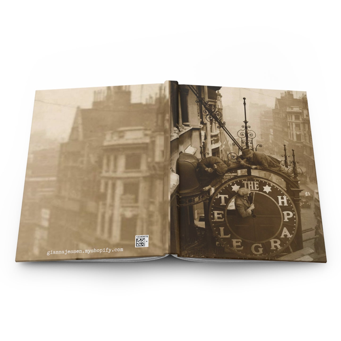 men dismantling the daily telegraph clock in london. 1930.-gianna jessen hardcover journal