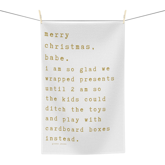 merry christmas, babe.-gianna jessen gold font tea towel